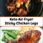 air fryer basket and plate with stick chicken legs and text