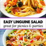 white bowl and plate with easy linguine cold pasta salad with cheese and pepperoni with text