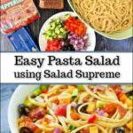 ingredients and white bowl with easy linguine cold pasta salad with cheese and pepperoni with text