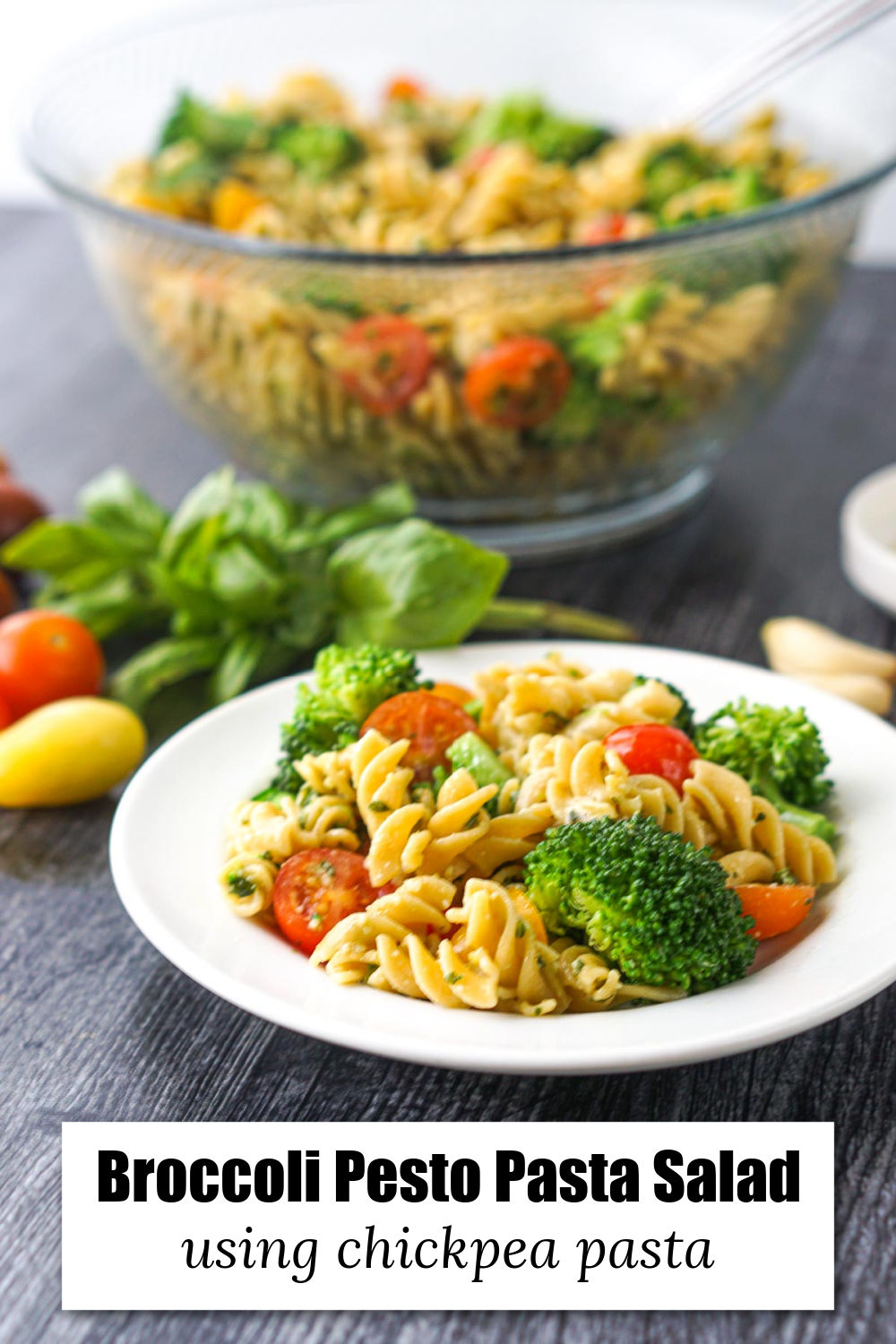 a plate and bowl with pesto broccoli pasta salad and fresh ingredients with text