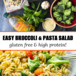 recipe ingredients and a bowl with pesto broccoli pasta salad and fresh ingredients with text