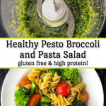 a plate with pesto broccoli pasta salad and pesto in blender with text