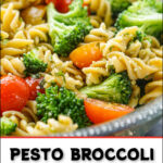 closeup of a bowl of broccoli pesto pasta salad and text