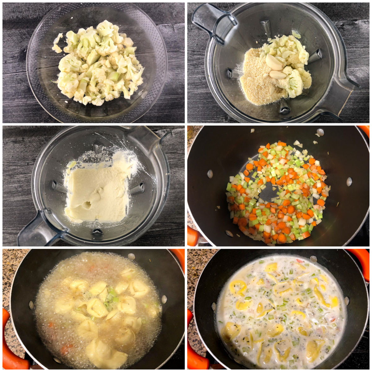 collage of steps to make cauliflower cream and tortellini soup