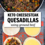 pan with cheesesteak mixture and tortillas for quesadillas with text