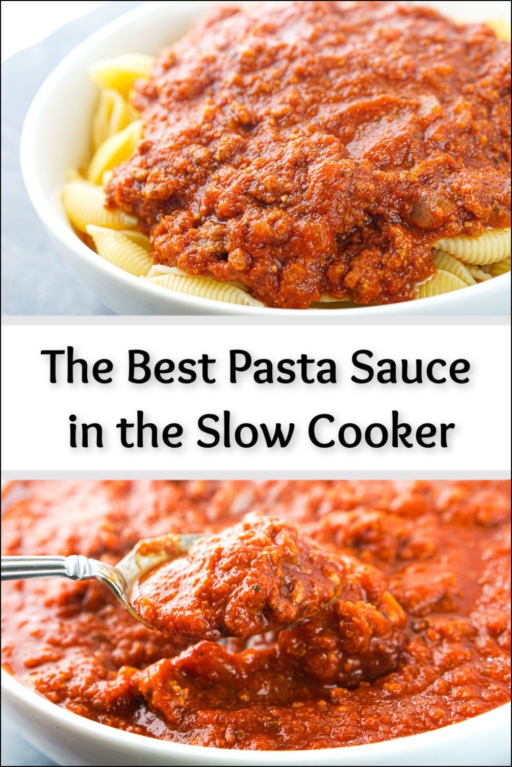 pasta bowl with slow cooker meat sauce with text