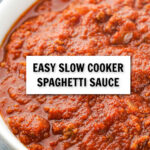 pasta bowl with slow cooker meat sauce with text