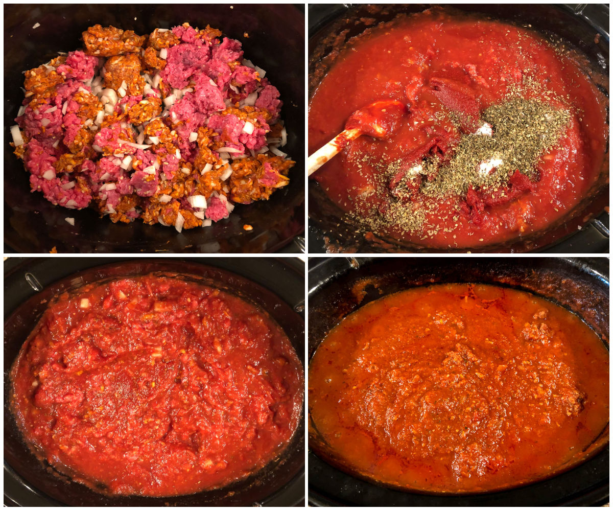 collage of slow cooker pictures of how to make meat pasta sauce