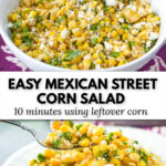 white bowl and plate with corn salad and fresh limes and cilantro with text