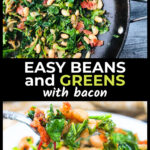 A forkful and pan with white beans and greens with bacon and text.