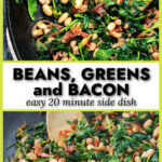 A pan with white beans and greens with bacon and text.