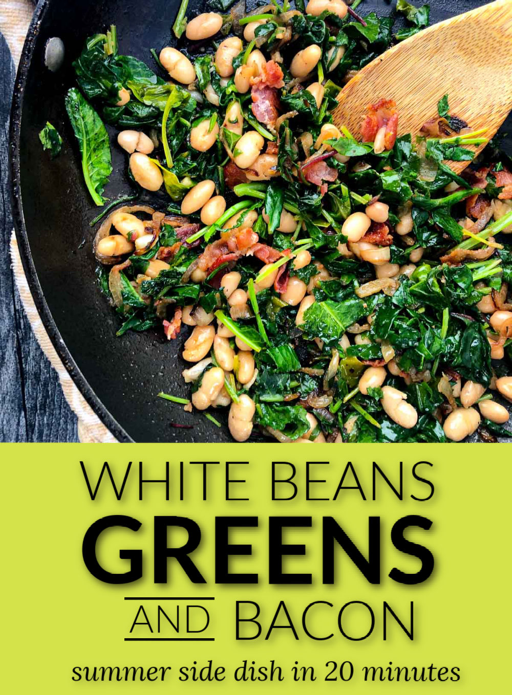 A pan with white beans and greens with bacon and text.