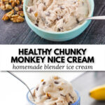 blue bowl with healthy chunky monkey ice cream with text