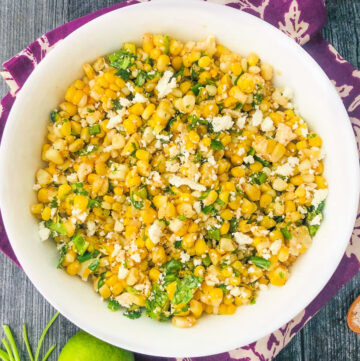 white bowl with mexican street corn salad