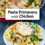 skillet with chicken pasta prima vera and a plate with a serving and parm cheese and text