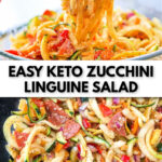 bowls with keto zucchini pasta salad and text