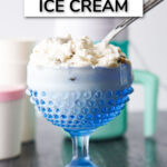 blue dish with keto sot serve ice cream and a spoon with text