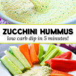 bowl and plate with keto zucchini hummus and text