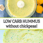 bowl and food processor with keto zucchini hummus and text