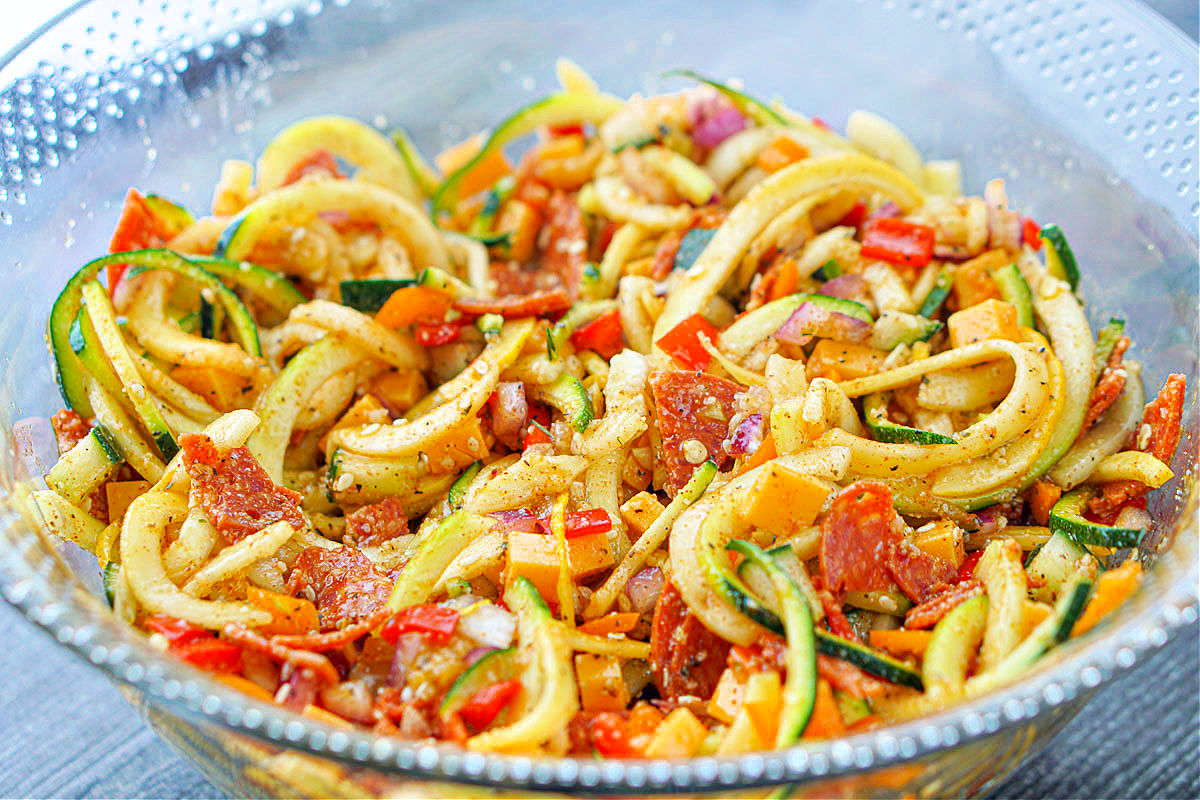 closeup of a bowl of zucchini noodles pasta salad