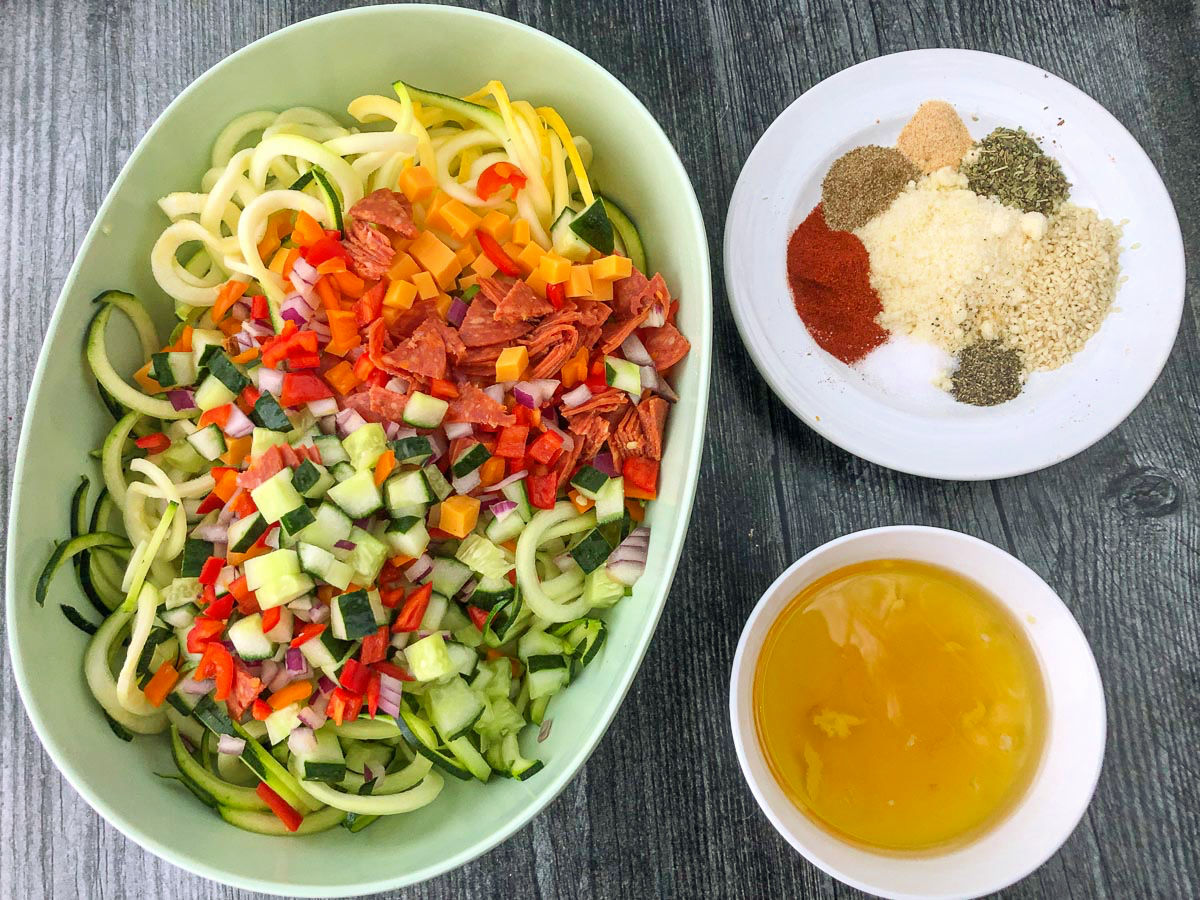 pasta salad ingredients - fresh veggie noodles, spices and dressing