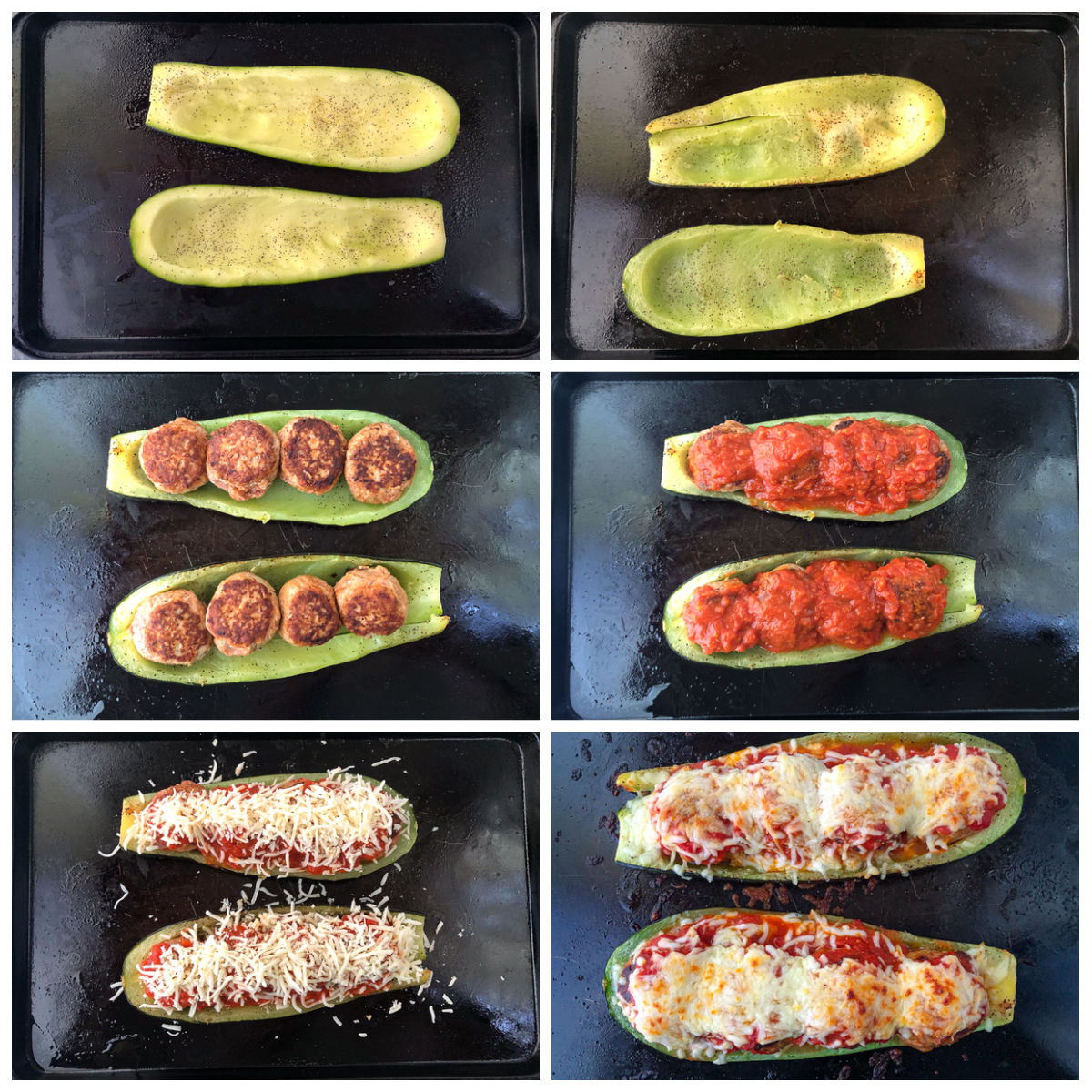 collage of how to clean out zucchini and make keto meatball sub sandwich