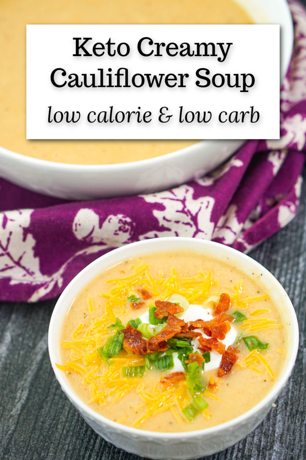 large and small soup bowls with loaded cauliflower soup and a plate of toppings with text
