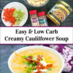 ingredients and white bowl with cauliflower soup and text