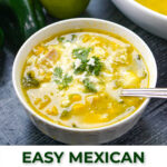 closeup of white bowl with poblano & corn soup with fresh cilantro and queso blanco cheese and text
