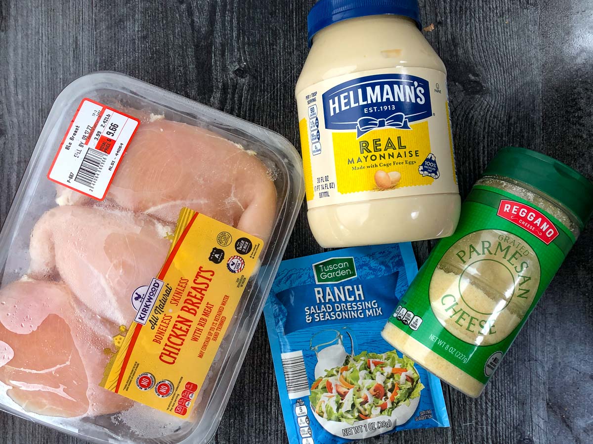 recipe ingredients - chicken, ranch packet, mayo and parmesan