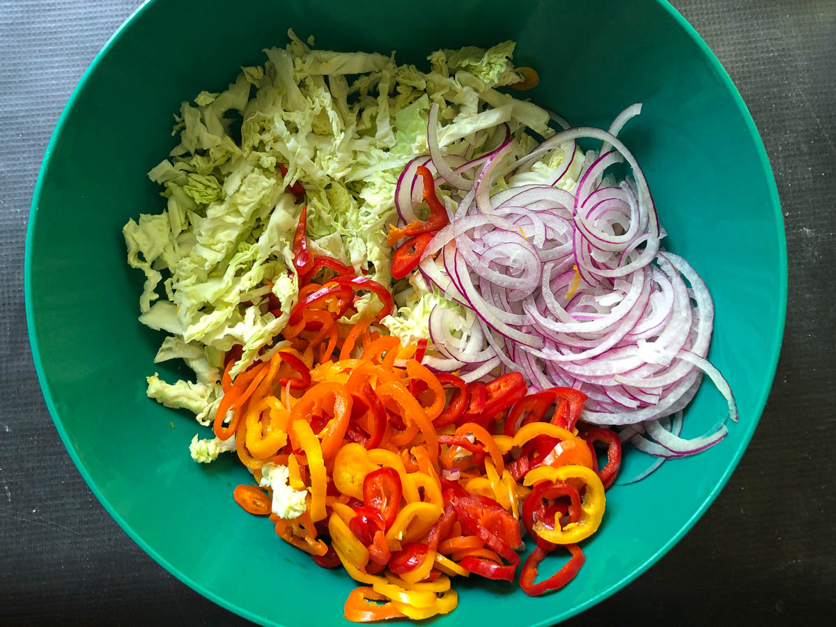 green bowl with chopped Savoy cabbage, peppers and onions