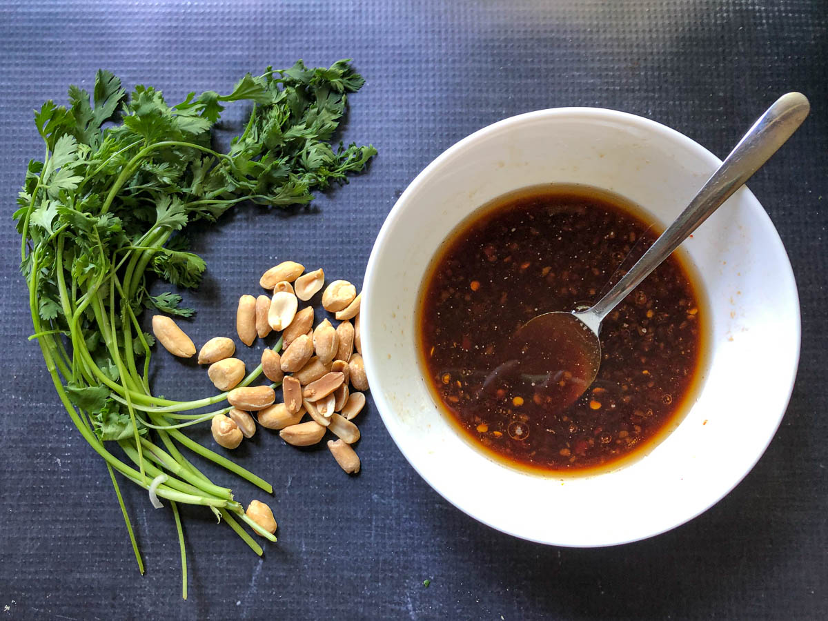 asian slaw dressing, peanuts and cilantro