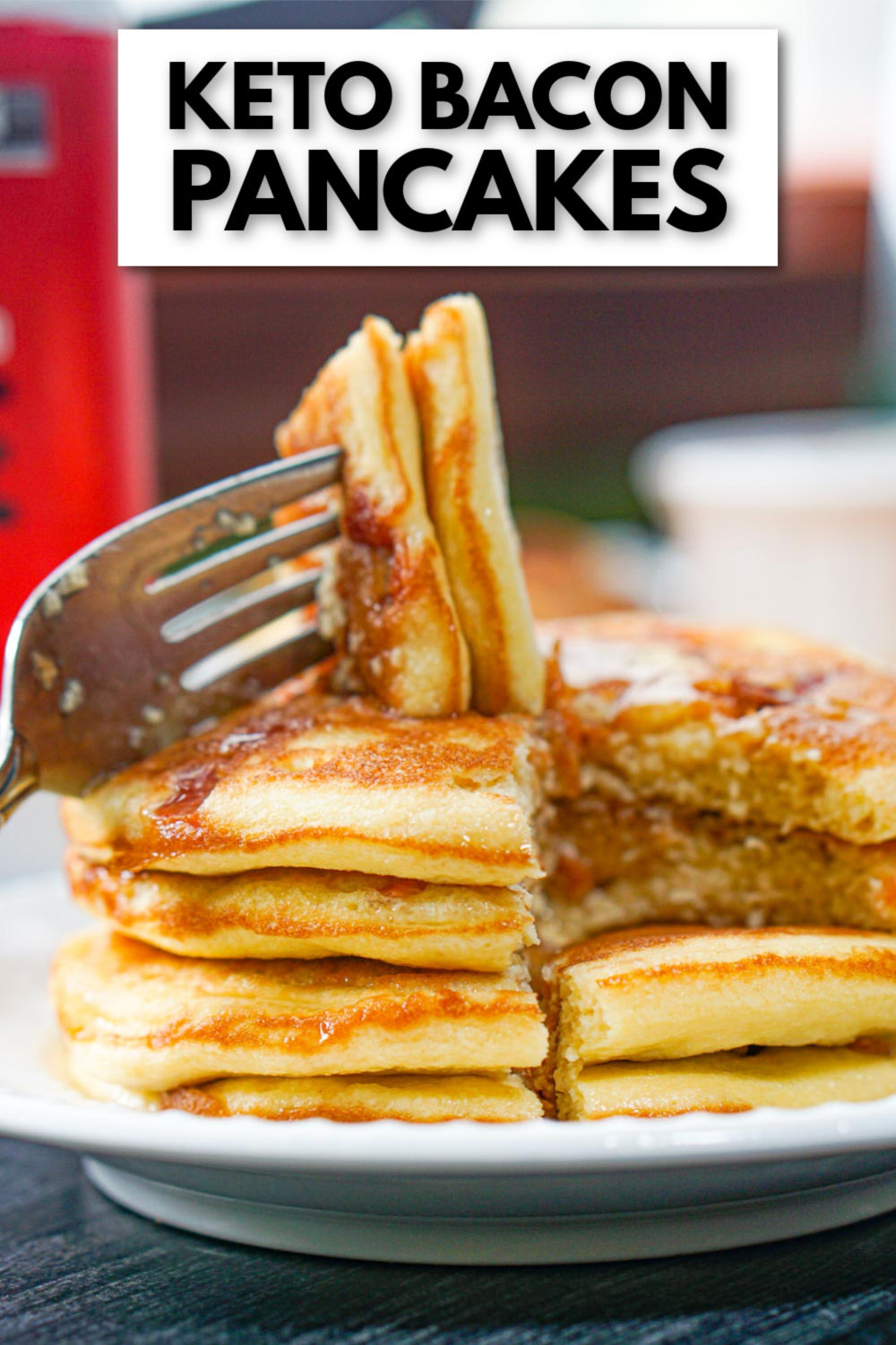 closeup of a forkful of keto bacon pancakes and text