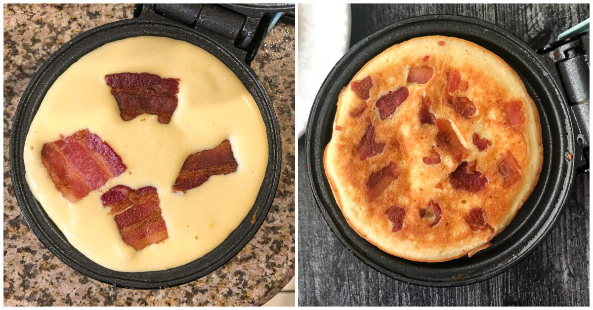 griddle with raw and finished bacon pancake