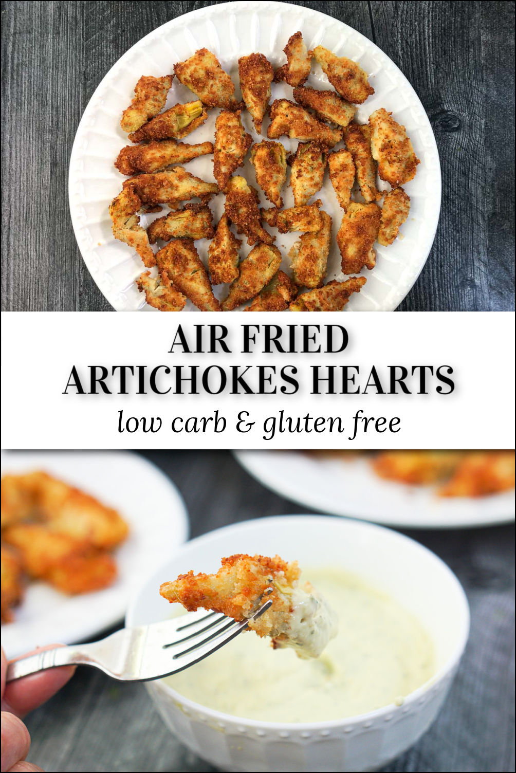 fried keto artichokes on a white plates and avocado dipping sauce and text