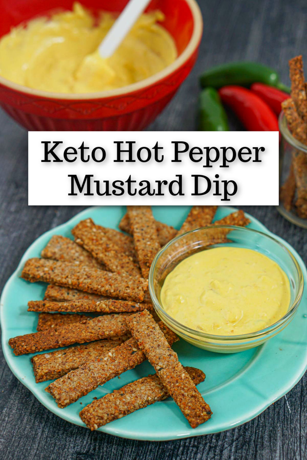 keto pretzels dipped in hot pepper mustard on a plate and text