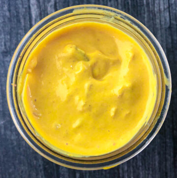 aerial view of hot pepper mustard in a glass bowl