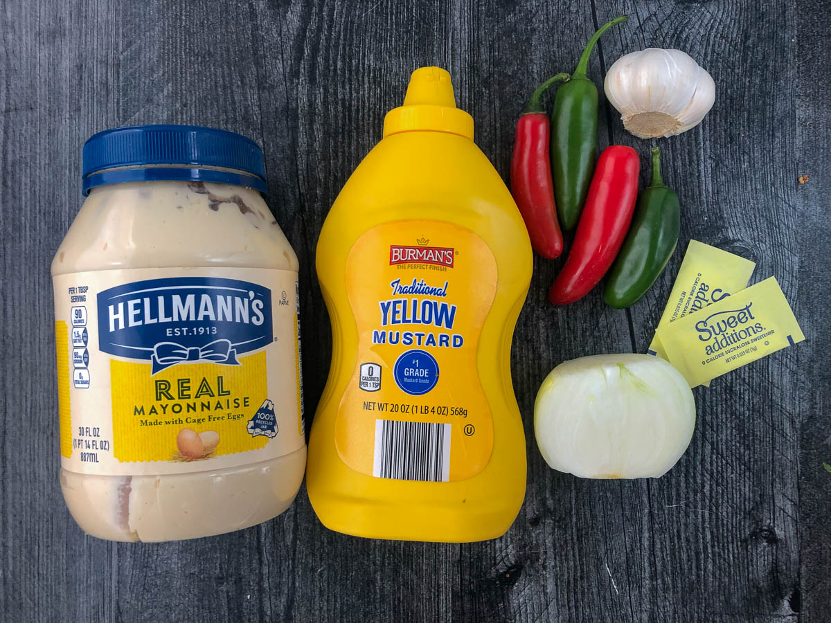 spicy mustard ingredients - mayo, yellow mustard, hot peppers, onion, garlic and Splenda