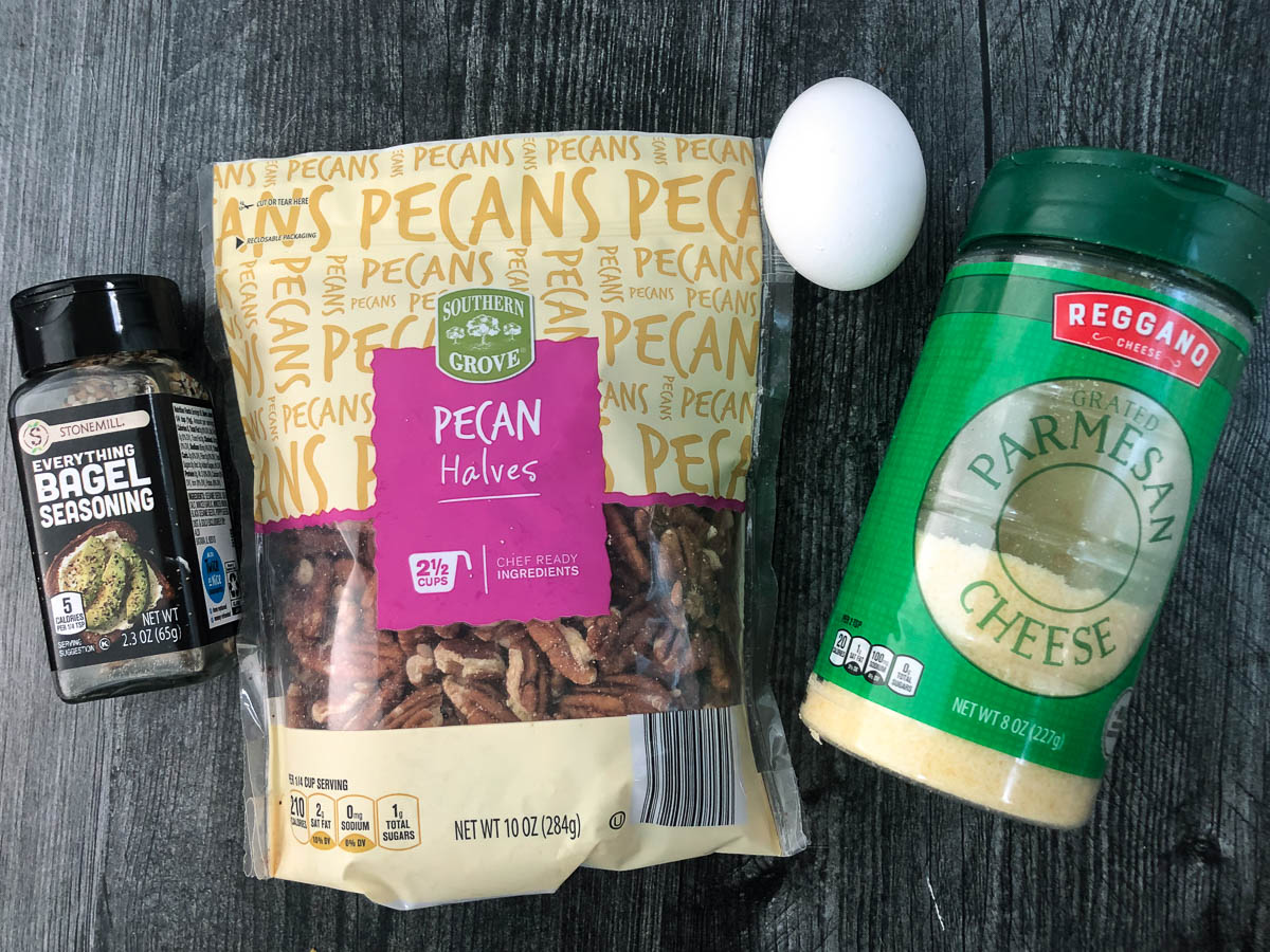 recipe ingredients - everything spice, pecans, egg, parmesan cheese