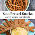 aqua plate with keto pretzel sticks and spicy mustard and text
