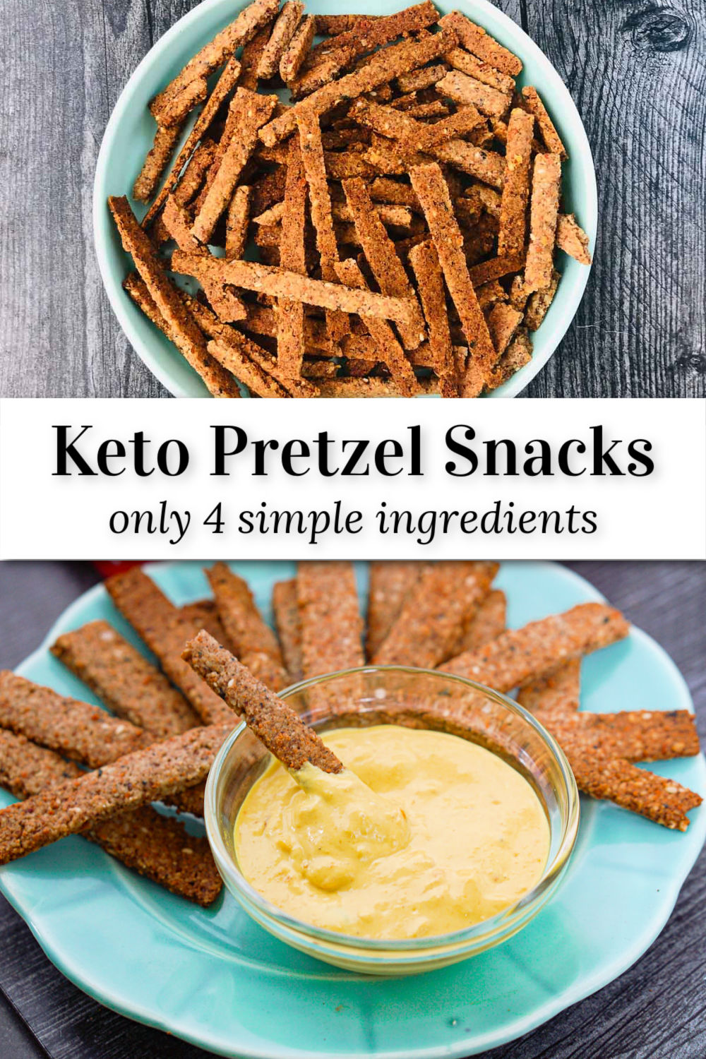 aqua plate with keto pretzel sticks and spicy mustard and text