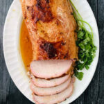 aerial view of a sliced pork loin roast with text