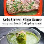 marinating container with raw pork loin marinated in mojo sauce with text