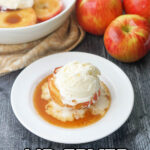 white plate with a baked air fryer apple with a scoop of melting ice cream and text