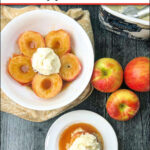 aerial view of bowl of baked apples with ice cream and fresh apples and text