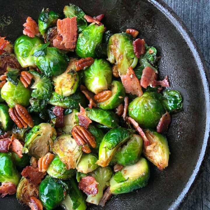 closeup of a pan of maple bacon brussel sprouts