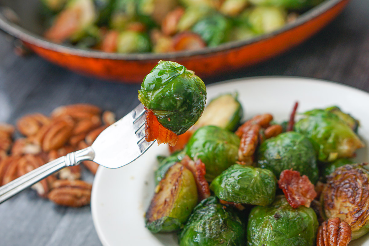 a forkful of bacon and brussel sprouts