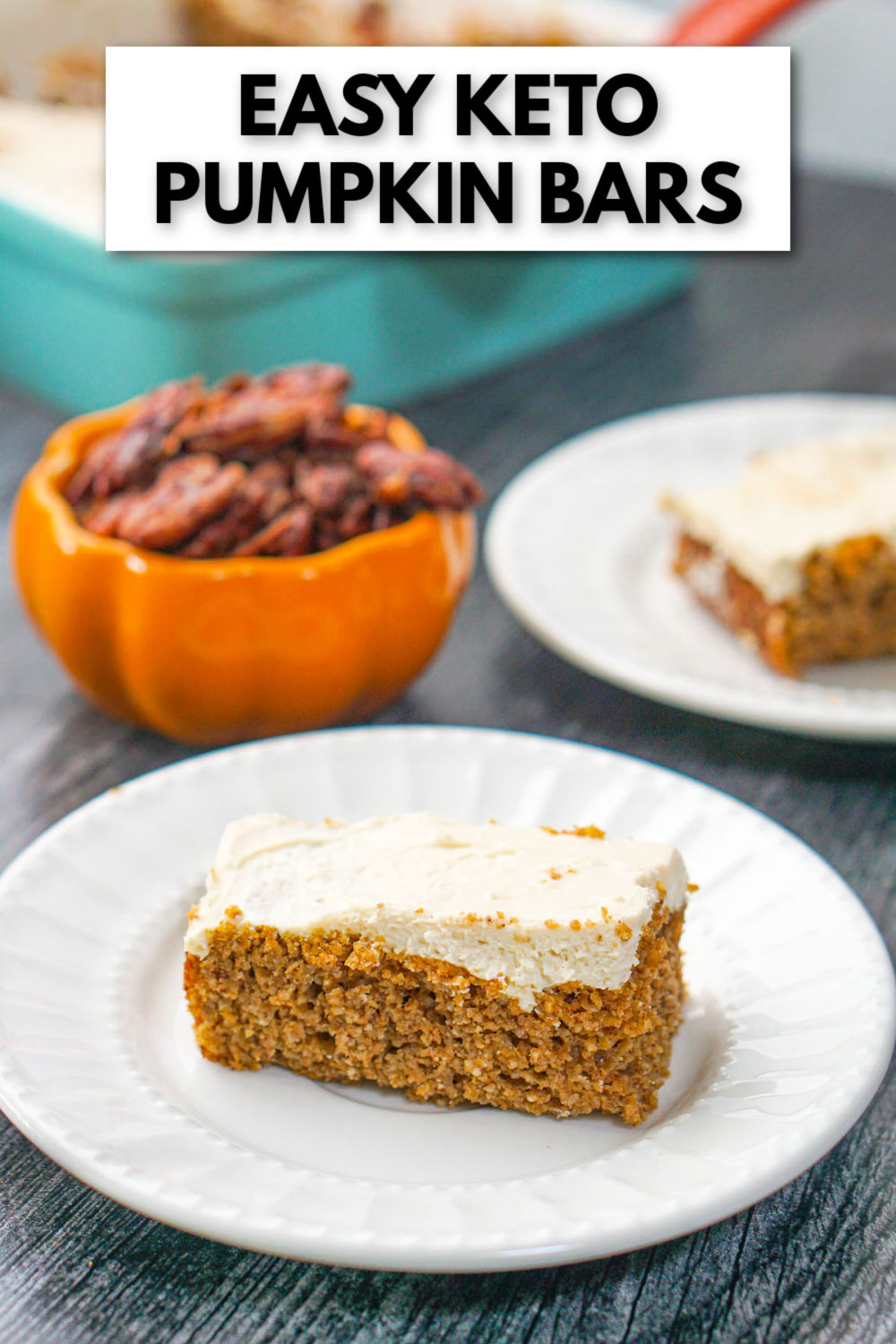 closeup of white plates with gluten free pumpkin bars and text