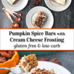 closeup of white plates with gluten free pumpkin bars and text