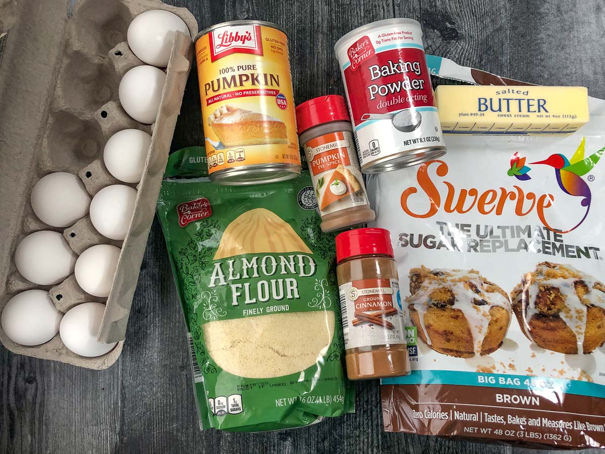 recipe ingredients - eggs, pumpkin, almond flour, Swerve brown, spices, butter and baking powder